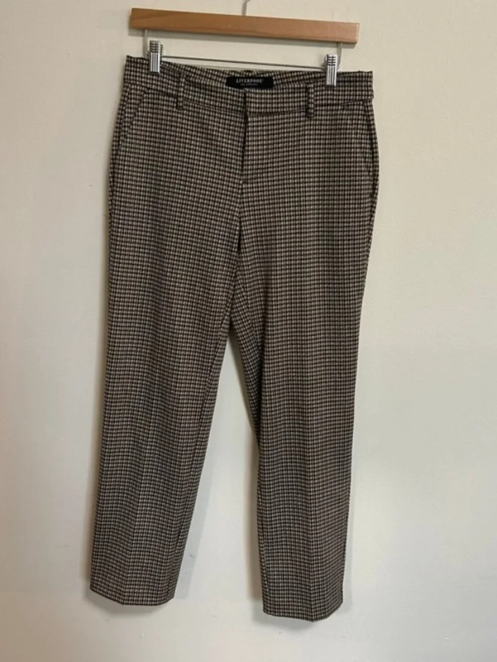 Liverpool Los Angeles Kelsey Trouser Black/Tan Plaid Print Straight Leg Sz 6 EUC